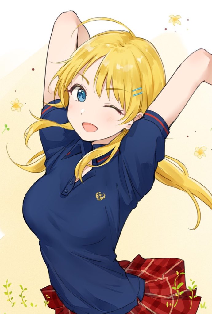 1girl arms_up blonde_hair blue_eyes commentary_request eyebrows_visible_through_hair flower hachimiya_meguru hair_ornament hairclip idolmaster idolmaster_shiny_colors long_hair open_mouth plaid plaid_skirt polo_shirt skirt solo takeashiro yellow_background