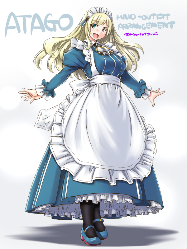 1girl :d adapted_costume alternate_costume apron aqua_eyes ascot atago_(kantai_collection) bangs black_legwear blonde_hair blue_dress blue_footwear breasts character_name dress enmaided frilled_apron frilled_sleeves frills full_body juliet_sleeves kantai_collection large_breasts legs_together long_dress long_hair long_sleeves looking_at_viewer maid maid_apron maid_headdress mary_janes open_mouth outstretched_arms pantyhose petticoat puffy_sleeves shoes simple_background smile solo standing tatsumi_ray white_apron white_background