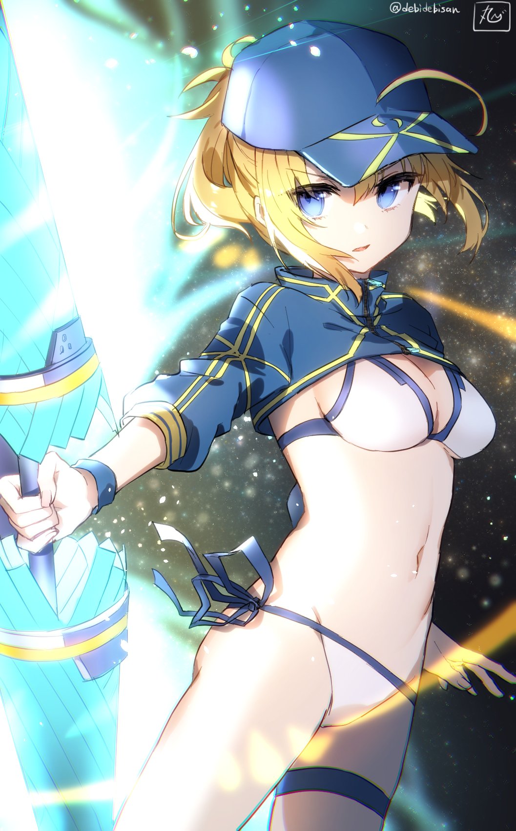 1girl ahoge artoria_pendragon_(all) bangs baseball_cap bikini blonde_hair blue_eyes blue_hat breasts chromatic_aberration cleavage cowboy_shot fate/grand_order fate_(series) groin hair_through_headwear hat highres holding holding_spear holding_weapon long_hair looking_to_the_side medium_breasts mysterious_heroine_xx_(foreigner) navel oomori_(kswmr) outstretched_arm parted_lips polearm ponytail shrug_(clothing) side-tie_bikini sidelocks signature solo space spear standing star_(sky) stomach swimsuit thigh_strap twinmyniad twitter_username v-shaped_eyebrows weapon white_bikini wristband
