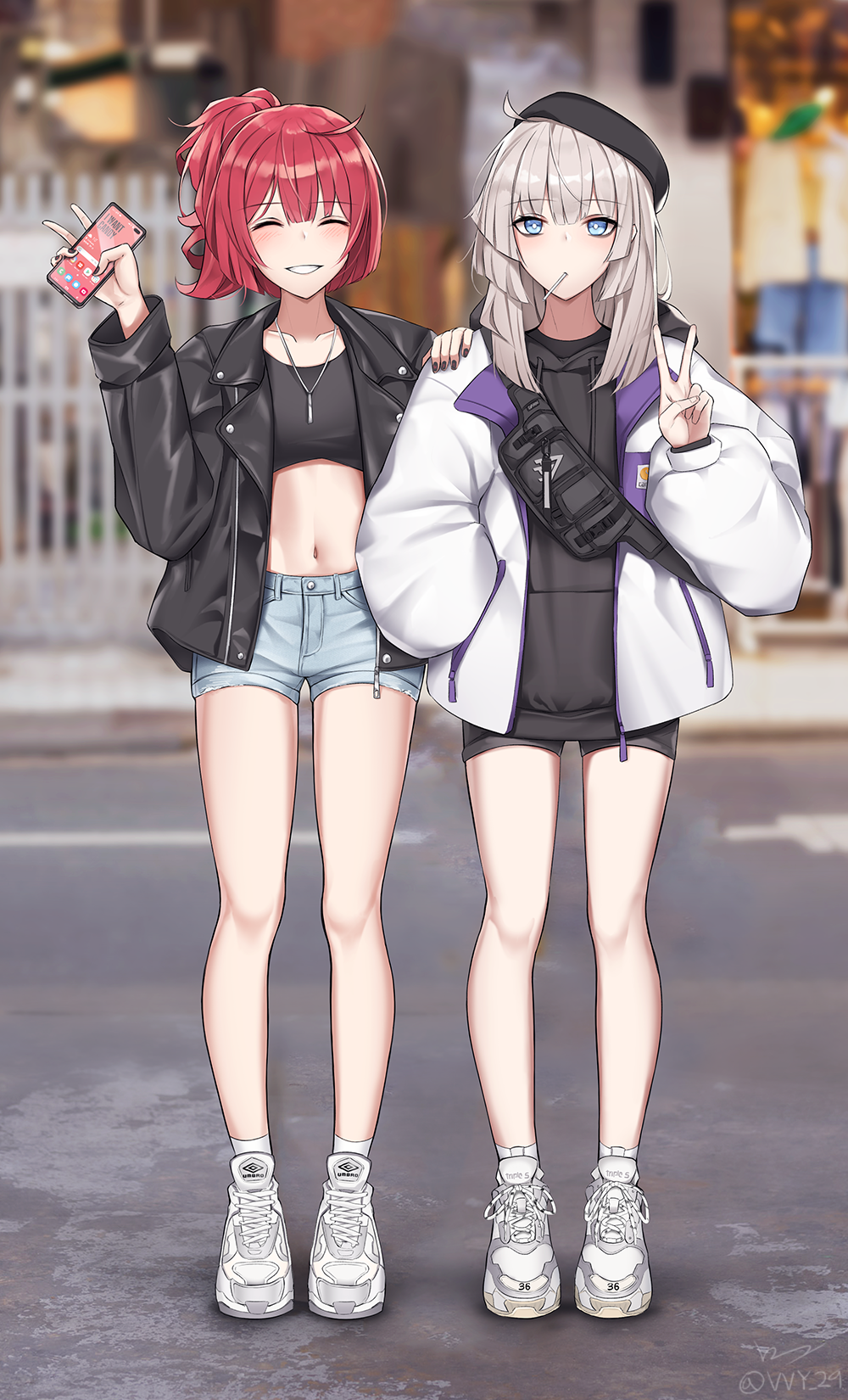 2girls aa-12_(girls_frontline) ahoge alternate_costume bangs bare_legs beret bike_shorts black_hat black_jacket black_nails black_shorts blue_eyes blue_shorts blunt_bangs blurry blurry_background blush bright_pupils candy casual closed_eyes coat collar commentary contemporary crop_top day denim denim_shorts depth_of_field drawstring eyebrows_visible_through_hair facing_viewer food full_body girls_frontline grin hand_in_pocket hand_on_another's_shoulder hat highres hood hood_down hoodie jacket jewelry leather leather_jacket lollipop long_hair long_sleeves looking_at_viewer mp7_(girls_frontline) multiple_girls nail_polish navel necklace open_clothes open_coat open_jacket outdoors parted_lips ponytail puffy_long_sleeves puffy_sleeves redhead shoes short_hair shorts signature silver_hair smile sneakers socks standing stomach teeth twitter_username unzipped v vvy white_coat white_footwear white_legwear zipper_pull_tab