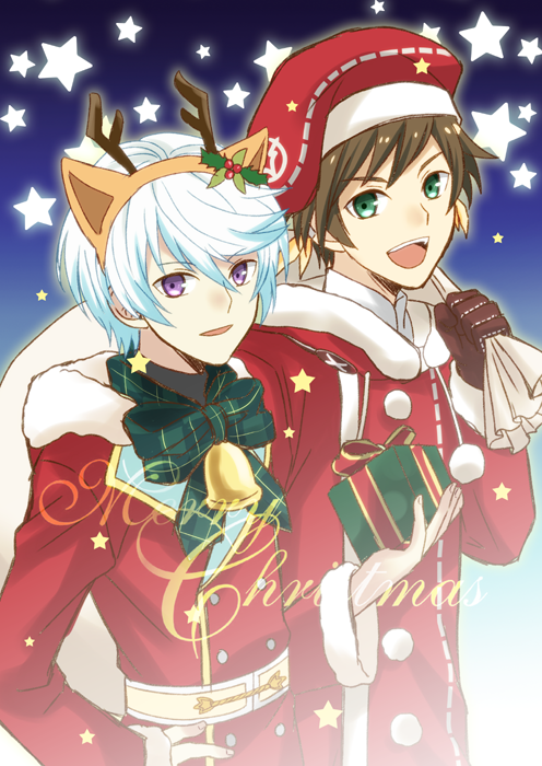 2boys animal_ears antlers bag box brown_gloves brown_hairband coat fake_animal_ears fake_antlers fur-trimmed_coat fur_trim gift gift_bag gift_box gloves green_eyes green_neckwear hairband hand_on_hip hat holding holding_bag holding_box hood hood_down hooded_coat male_focus merry_christmas mikleo_(tales) multiple_boys print_hat red_coat red_hat reindeer_antlers reindeer_ears saklo sorey_(tales) star tales_of_(series) tales_of_zestiria upper_body