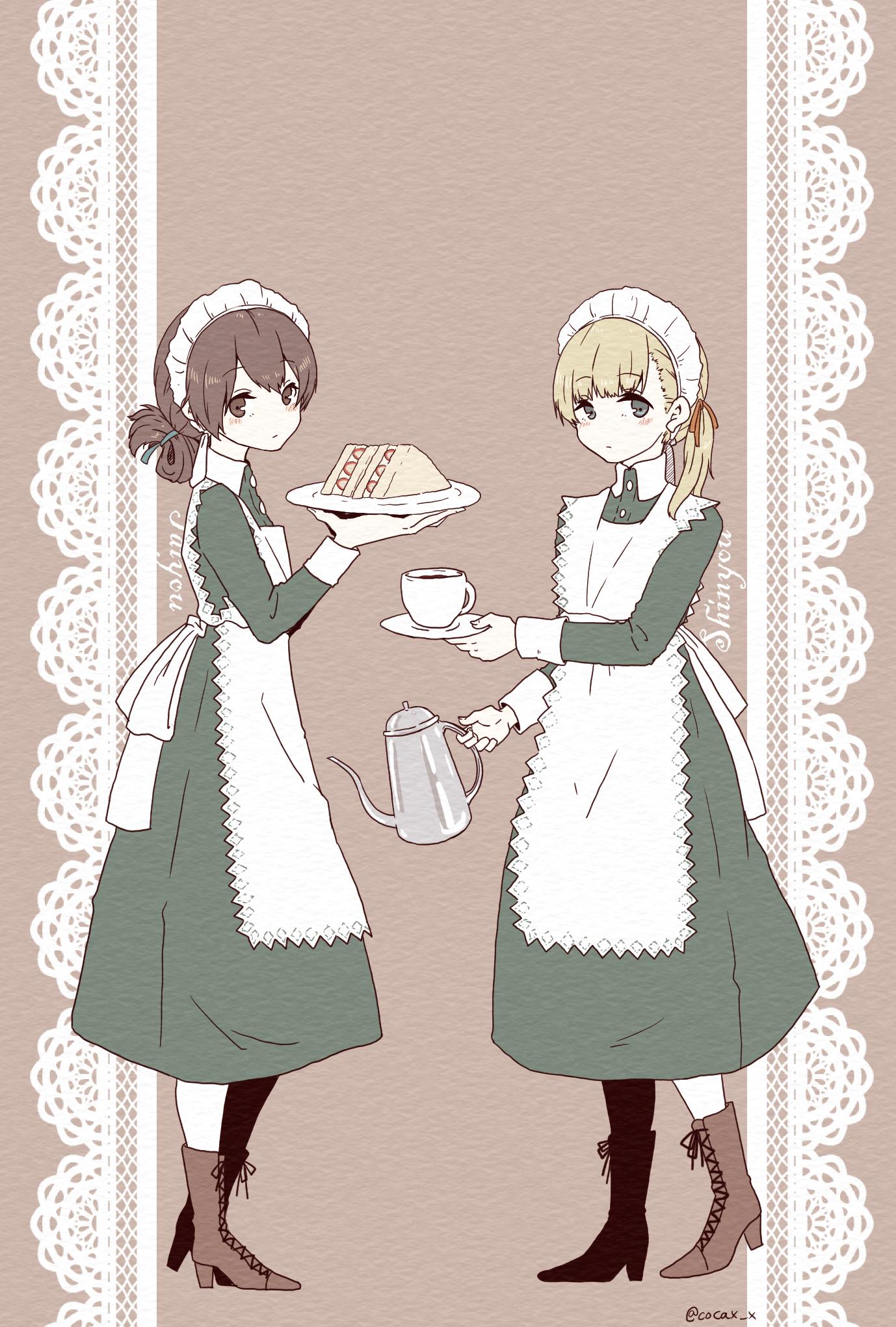 2girls alternate_costume apron blonde_hair blue_ribbon boots brown_footwear brown_hair cocax_x cross-laced_footwear dress enmaided eyebrows_visible_through_hair folded_ponytail food from_side full_body green_dress grey_eyes hair_ribbon high_heel_boots high_heels highres holding holding_plate holding_pot holding_saucer kantai_collection kasuga_maru_(kantai_collection) lace-up_boots long_hair looking_at_viewer maid maid_apron maid_headdress multiple_girls orange_ribbon plate ribbon sandwich shin'you_(kantai_collection) side_ponytail taiyou_(kantai_collection) twitter_username