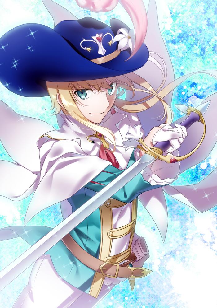 androgynous blonde_hair chevalier_d'eon_(fate/grand_order) fate/grand_order fate_(series) flower gloves green_eyes hat hat_feather hat_flower lily_(flower) nina_(pastime) rapier sheath smile sparkle_background sword weapon white_gloves