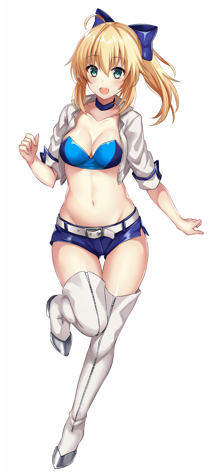 1girl :d ahoge aqua_eyes artoria_pendragon_(all) belt blonde_hair blue_choker blue_ribbon blue_shorts blush boots breasts choker cleavage collarbone commentary_request crop_top cropped_jacket fate/grand_order fate_(series) full_body groin hair_ribbon hand_up harimoji highres jacket leg_up long_hair looking_at_viewer medium_breasts midriff navel open_clothes open_jacket open_mouth racequeen ribbon saber short_shorts short_sleeves shorts side_ponytail simple_background smile solo standing standing_on_one_leg stomach thigh-highs thigh_boots thigh_gap thighs white_background white_jacket zipper