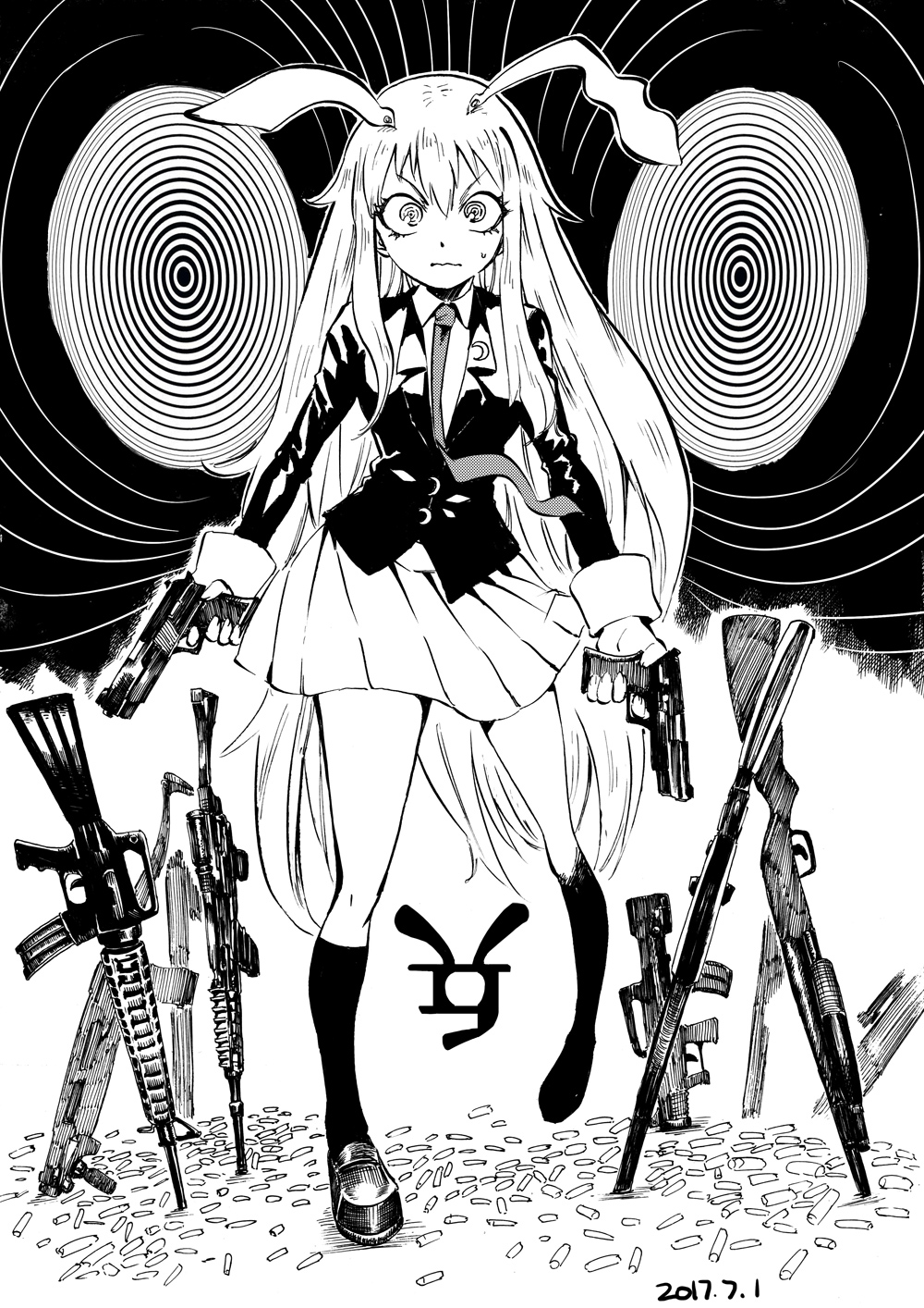 1girl animal_ears assault_rifle bare_legs black_legwear blackcat_(pixiv) blazer collared_shirt crazy_eyes crescent crescent_moon_pin cuffs dated dual_wielding greyscale gun handgun highres holding jacket kneehighs loafers long_hair looking_at_viewer m16a4 miniskirt monochrome necktie pistol pump_action rabbit_ears reisen_udongein_inaba rifle serious shell_casing shirt shoes shotgun skirt sweat touhou v-shaped_eyebrows very_long_hair wavy_mouth weapon weapon_request