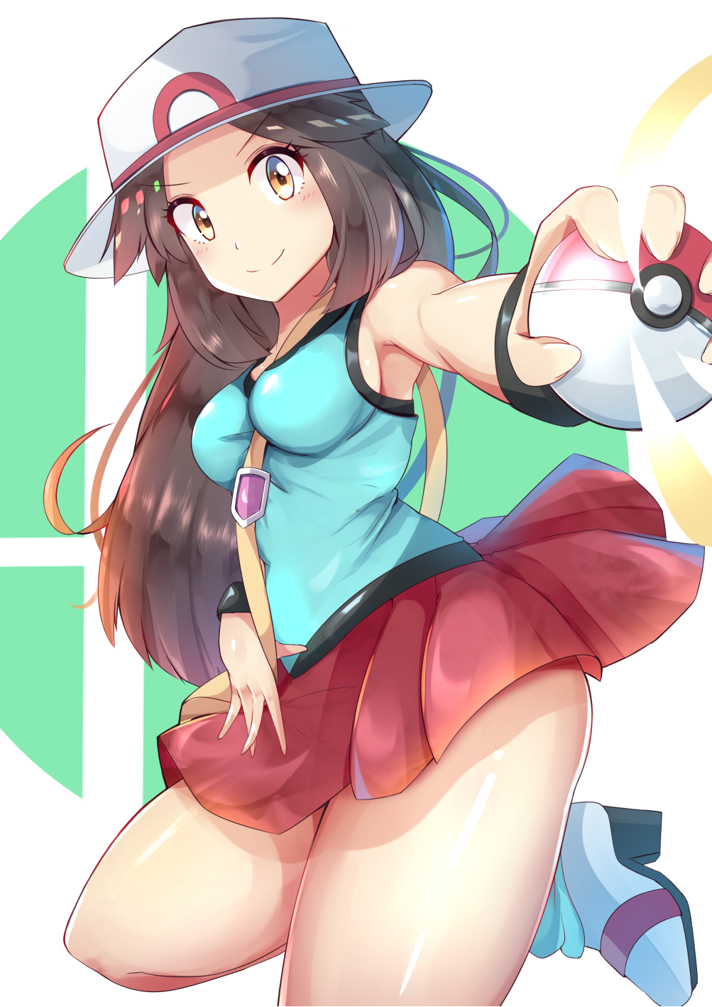 1girl aqua_shirt bag blue_(pokemon) blush breasts brown_eyes brown_hair creatures_(company) game_freak hat high_heels highres looking_at_viewer messenger_bag nintendo outstretched_arm pleated_skirt poke_ball pokemon pokemon_(game) pokemon_frlg racket_ti1 red_skirt shirt shoulder_bag sideboob skirt sleeveless sleeveless_shirt smile socks solo sun_hat super_smash_bros. thick_thighs thighs wristband