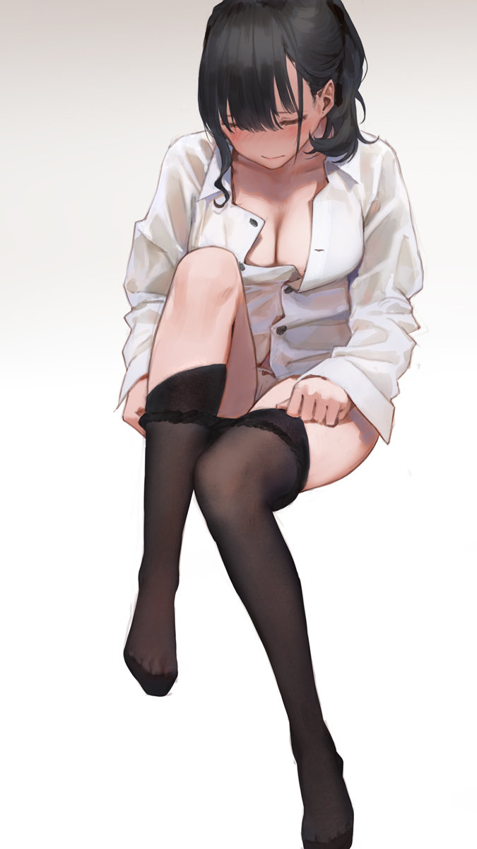 1girl bangs black_hair black_legwear blush bow bow_panties breasts cancer_(zjcconan) cleavage closed_eyes closed_mouth dress_shirt gradient gradient_background highres invisible_chair long_sleeves looking_down medium_breasts medium_hair no_pants no_shoes open_cuffs original panties pantyhose pantyhose_pull partially_unbuttoned ponytail revision shirt simple_background sitting solo underwear undressing white_background white_panties white_shirt
