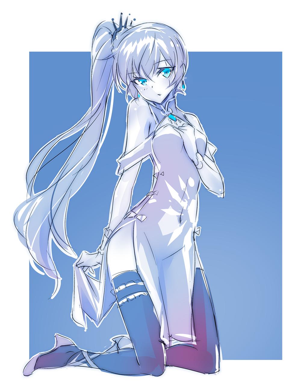 1girl blue_eyes china_dress chinese_clothes covered_navel dress earrings high_heels highres iesupa jewelry limited_palette long_hair pelvic_curtain pendant ponytail rwby scar scar_across_eye side_ponytail single_garter solo thigh-highs tiara weiss_schnee white_hair