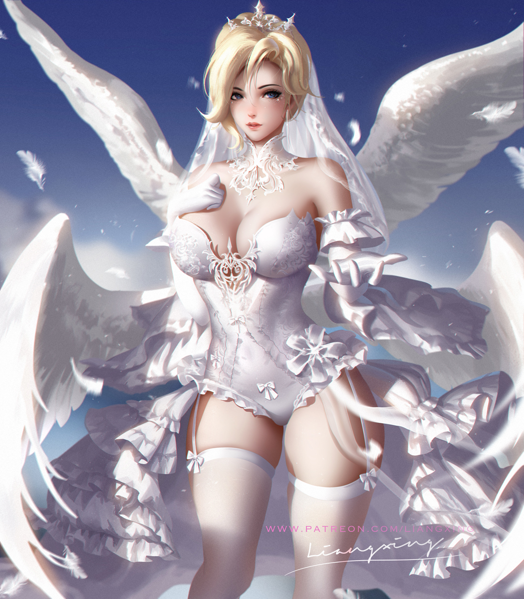 1girl alternate_wings artist_name bare_shoulders blonde_hair blue_background blue_eyes blush breasts bridal_veil cleavage closed_mouth collarbone commentary covered_navel detached_sleeves elbow_gloves english_commentary feathered_wings feathers frills garter_straps gloves hand_on_own_chest highres large_breasts leotard liang_xing looking_at_viewer mercy_(overwatch) multiple_wings outstretched_arm overwatch red_lips short_hair signature skindentation smile solo standing strapless strapless_leotard thigh-highs tiara veil waist_cape watermark web_address white_gloves white_legwear white_leotard white_wings wings