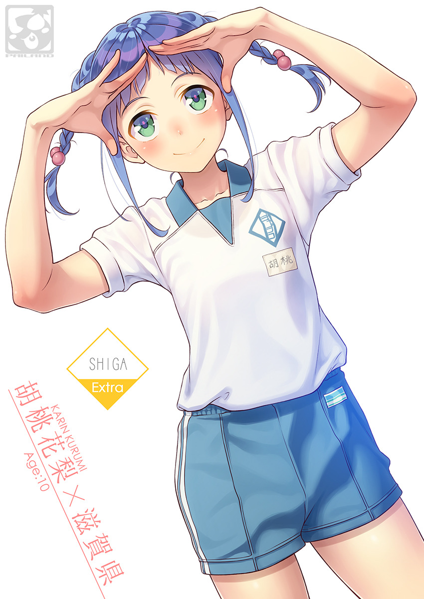 1girl blue_hair green_eyes gym_shorts gym_uniform highres original pairan short_hair short_sleeves shorts simple_background solo standing twintails white_background
