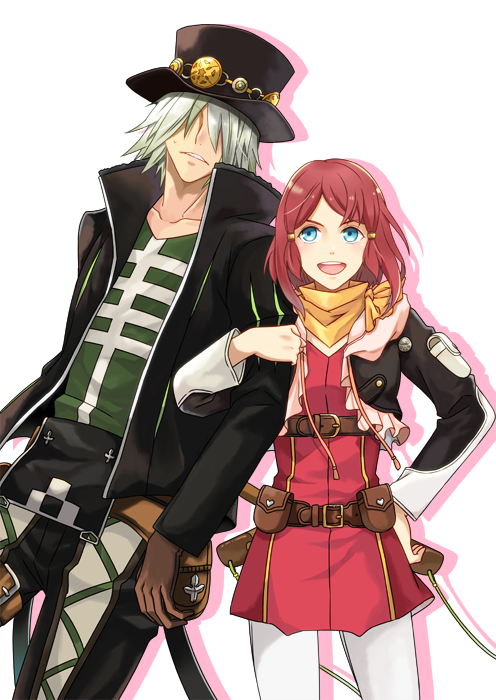 1boy 1girl :d bangs black_hat black_jacket blue_eyes dezel_(tales) dress eyes floating_hair green_shirt hair_over_eyes hand_on_hip hat jacket locked_arms long_sleeves open_clothes open_jacket open_mouth pants parted_bangs print_shirt red_dress redhead rose_(tales) saklo shirt short_dress short_hair silver_hair simple_background smile sweatdrop tales_of_(series) tales_of_zestiria white_background white_pants yellow_neckwear