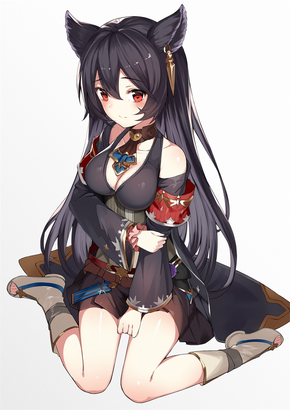 1girl animal_ears arm_grab bangs black_hair black_shirt blush boots bow breasts brown_skirt cleavage closed_mouth collarbone commentary_request ear_piercing erune eyebrows_visible_through_hair full_body gin00 gradient gradient_background granblue_fantasy grey_background hair_between_eyes highres long_hair long_sleeves looking_at_viewer medium_breasts niia piercing red_eyes shirt sitting skirt solo toeless_boots very_long_hair wariza white_background white_bow wide_sleeves