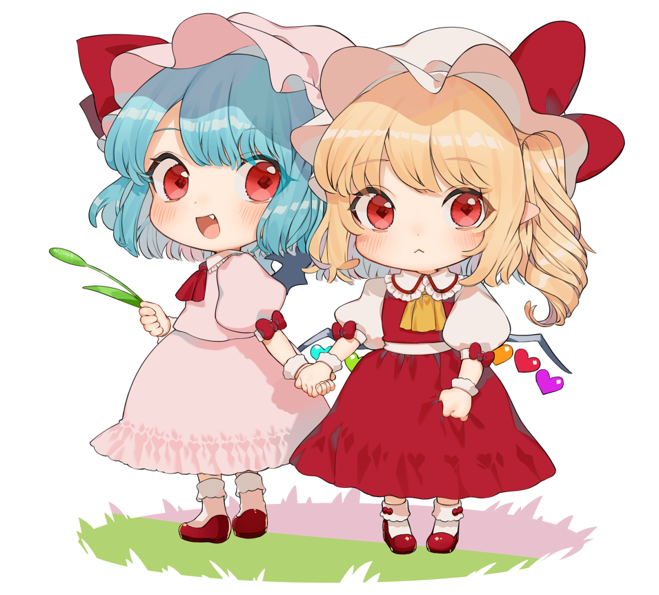 2girls :&lt; :d ascot bangs blonde_hair blue_hair blush bow chibi commentary_request dress eyebrows_visible_through_hair fang flandre_scarlet frilled_shirt_collar frills full_body gotoh510 hand_holding hat hat_bow hat_ribbon holding long_hair looking_at_viewer multiple_girls one_side_up open_mouth pink_dress pink_hat pointy_ears puffy_short_sleeves puffy_sleeves red_bow red_eyes red_footwear red_neckwear red_ribbon red_skirt red_vest remilia_scarlet ribbon shirt shoes short_hair short_sleeves siblings simple_background sisters skirt skirt_set smile socks standing touhou vest white_background white_hat white_legwear white_shirt wrist_cuffs yellow_neckwear