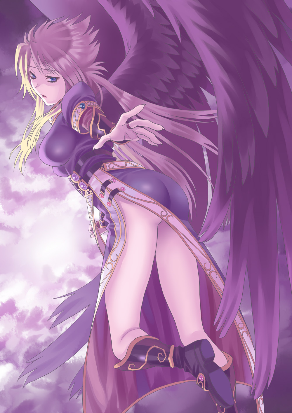 1girl angel_wings blonde_hair blue_eyes boots breasts breath_of_fire breath_of_fire_ii bridal_gauntlets commentary_request dress graphite_(medium) highres knee_boots legs long_hair looking_at_viewer nina_(breath_of_fire_ii) purple_wings side_slit solo traditional_media wanana wings