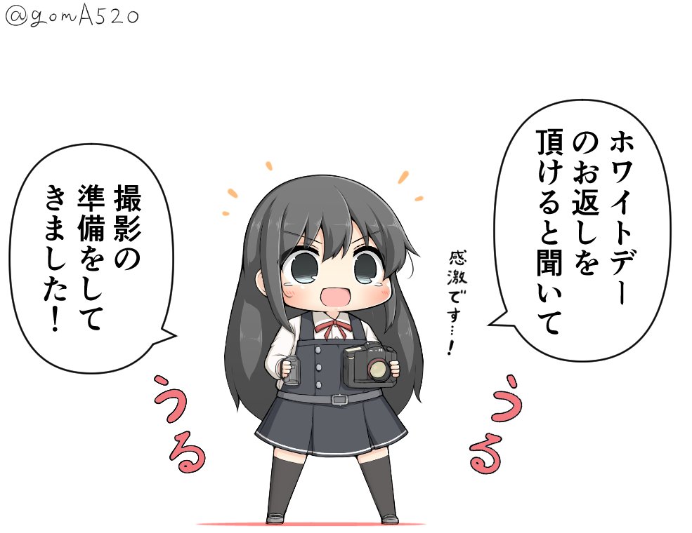 1girl asashio_(kantai_collection) black_dress black_hair black_legwear blue_eyes camcorder camera chibi commentary_request dress full_body goma_(yoku_yatta_hou_jane) kantai_collection long_hair long_sleeves open_mouth pinafore_dress remodel_(kantai_collection) shirt simple_background solo standing tears thigh-highs translation_request twitter_username white_background white_shirt