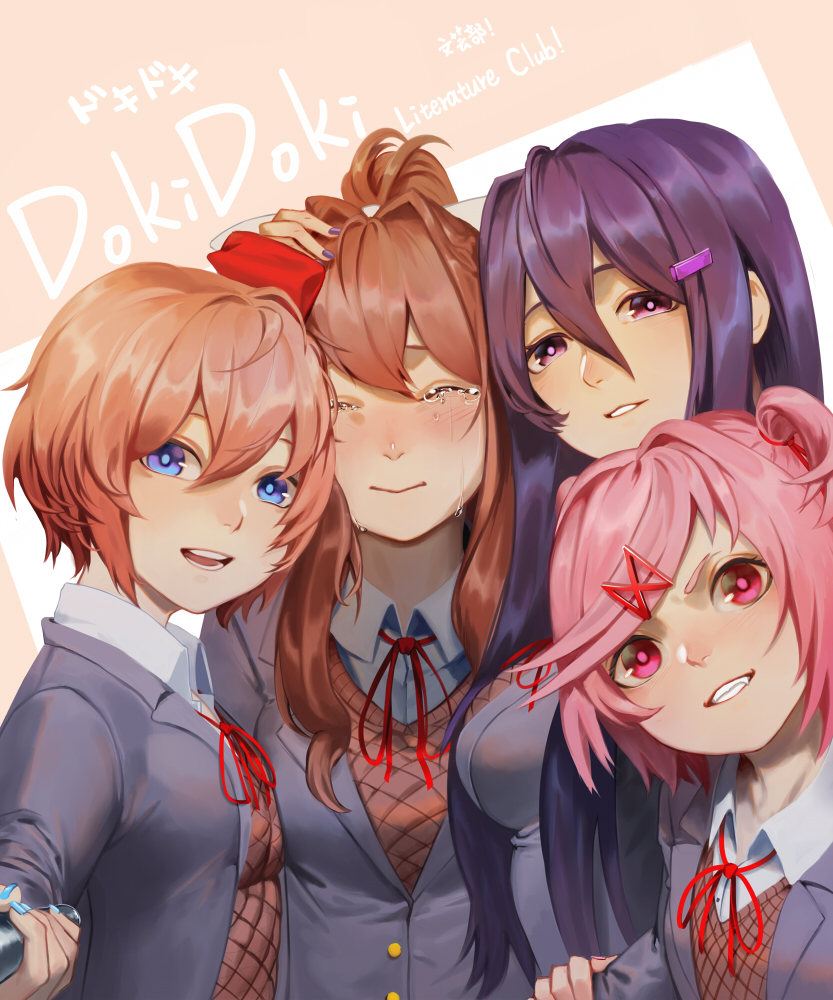 4girls :d blue_eyes blue_nails blush brown_hair closed_eyes commentary commentary_typo copyright_name doki_doki_literature_club facing_viewer fang grey_jacket grin hair_between_eyes hair_ornament hair_ribbon hairclip hand_on_another's_head jacket long_hair looking_at_viewer monika_(doki_doki_literature_club) multiple_girls nail_polish natsuki_(doki_doki_literature_club) odakojirou open_mouth parted_lips pink_eyes pink_hair ponytail purple_hair purple_nails red_ribbon ribbon sayori_(doki_doki_literature_club) self_shot selfie_stick short_hair sidelocks simple_background smile tears two_side_up violet_eyes yuri_(doki_doki_literature_club)