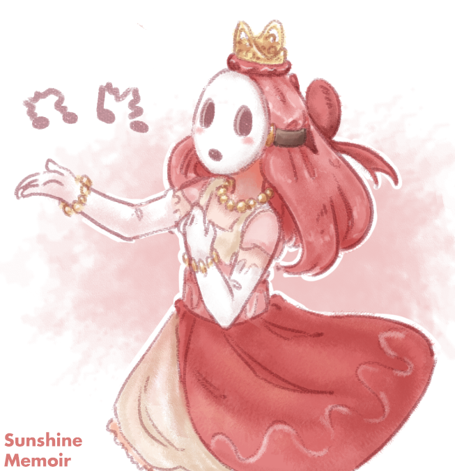 blush bracelet crown dress elbow_gloves gloves jewelry khiuly mask music necklace pearl_bracelet pearl_necklace princess red_dress ribbon shy shy_guy singing super_mario