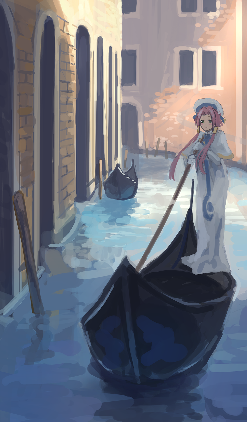 1girl aria blush brick_wall building canal commentary_request day doorway dress fjsmu gondola hair_tubes hat highres holding holding_oar long_dress looking_at_viewer mixed-language_commentary mizunashi_akari oar outdoors pink_hair rowing short_hair short_hair_with_long_locks sidelocks sketch smile solo standing white_dress white_hat wide_shot