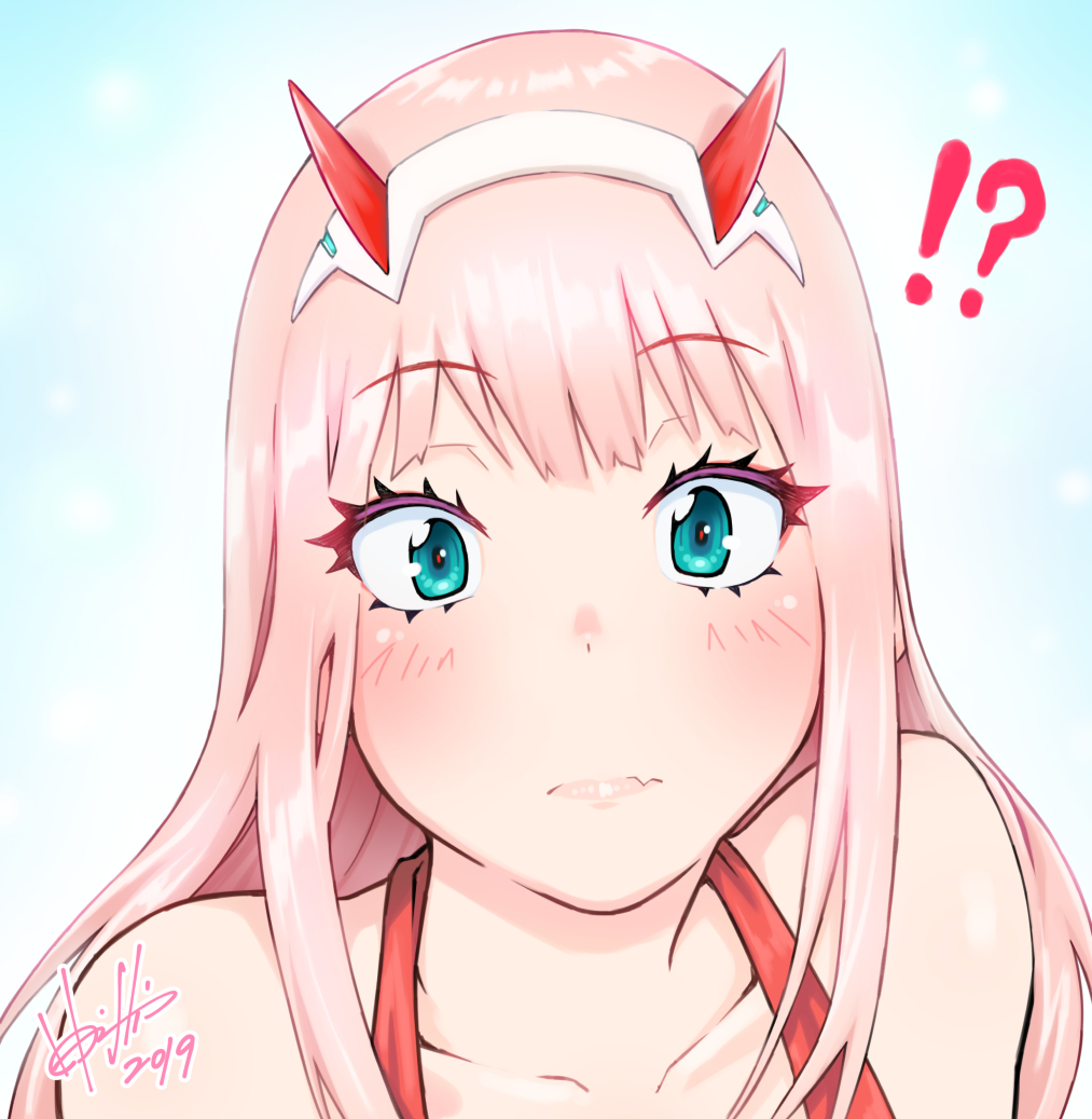 !? 1girl 2019 bangs bare_shoulders blue_eyes blush closed_mouth collarbone darling_in_the_franxx eyebrows_visible_through_hair eyelashes fang hairband hori_shin horns looking_at_viewer oni_horns pink_hair portrait signature solo straight_hair white_hairband zero_two_(darling_in_the_franxx)
