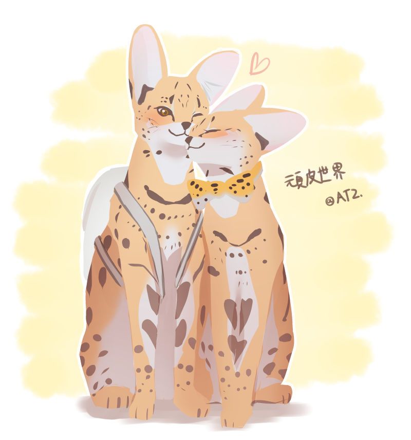 animal animalization at2. backpack bag bow bowtie cheek-to-cheek commentary heart kaban_(kemono_friends) kemono_friends no_humans one_eye_closed print_neckwear serval serval_(kemono_friends) serval_print simple_background twitter_username