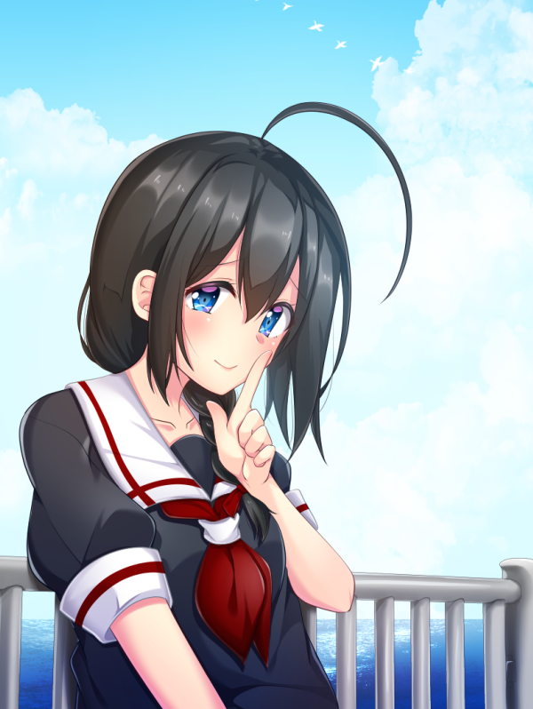 1girl ahoge black_serafuku blue_eyes blue_sky braid clouds commentary_request day hair_between_eyes hair_ornament hair_over_shoulder hair_ribbon kantai_collection kiiro_kurumi long_hair looking_at_viewer neckerchief outdoors railing red_neckwear ribbon school_uniform serafuku shigure_(kantai_collection) single_braid sky smile solo upper_body