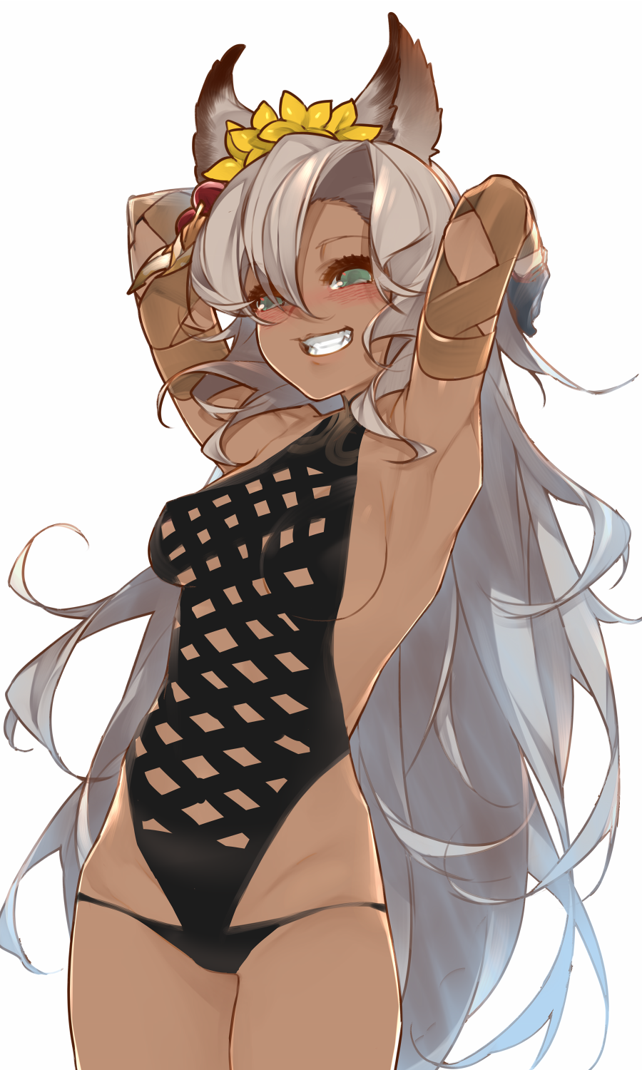 1girl animal_ears armpits arms_up black_gloves black_swimsuit blush breasts cat_ears commentary_request dark_skin erune flower gloves granblue_fantasy green_eyes grey_hair grin hair_between_eyes hair_flower hair_ornament highres kochiya_(gothope) long_hair looking_at_viewer medium_breasts nemone one-piece_swimsuit simple_background sketch smile solo standing swimsuit teeth very_long_hair white_background