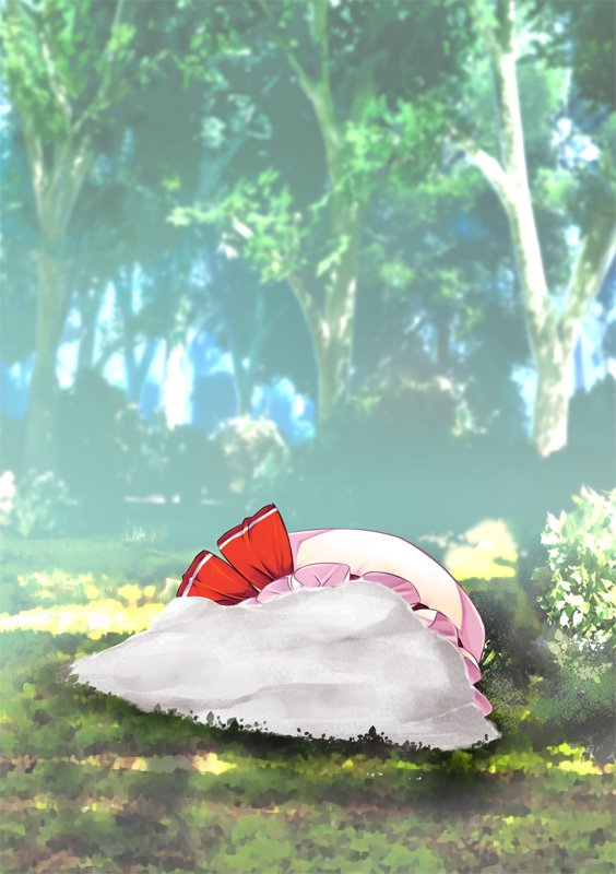 ashes blue_sky chima_q commentary_request death forest grass hat hat_ribbon mob_cap nature no_humans outdoors pink_hat red_ribbon remilia_scarlet ribbon sky touhou tree