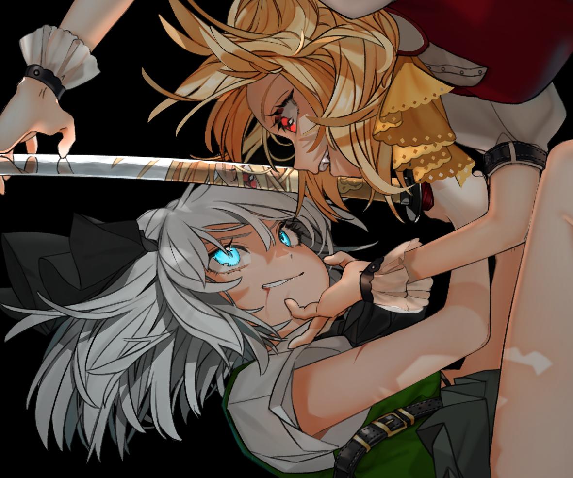 2girls :d ascot bangs belt black_background black_belt black_neckwear black_ribbon black_skirt blonde_hair blood blood_from_mouth blue_eyes breasts clenched_teeth commentary_request eye_contact face-to-face fang flandre_scarlet glowing glowing_eyes gotoh510 green_vest hair_between_eyes hair_ribbon holding holding_sword holding_weapon katana konpaku_youmu leg_up looking_at_another multiple_girls neck_ribbon no_hat no_headwear open_mouth profile puffy_short_sleeves puffy_sleeves red_eyes red_vest reflection ribbon shirt short_hair short_sleeves silver_hair simple_background skirt small_breasts smile sword teeth thighs touhou v-shaped_eyebrows vest weapon white_shirt wrist_cuffs yellow_neckwear