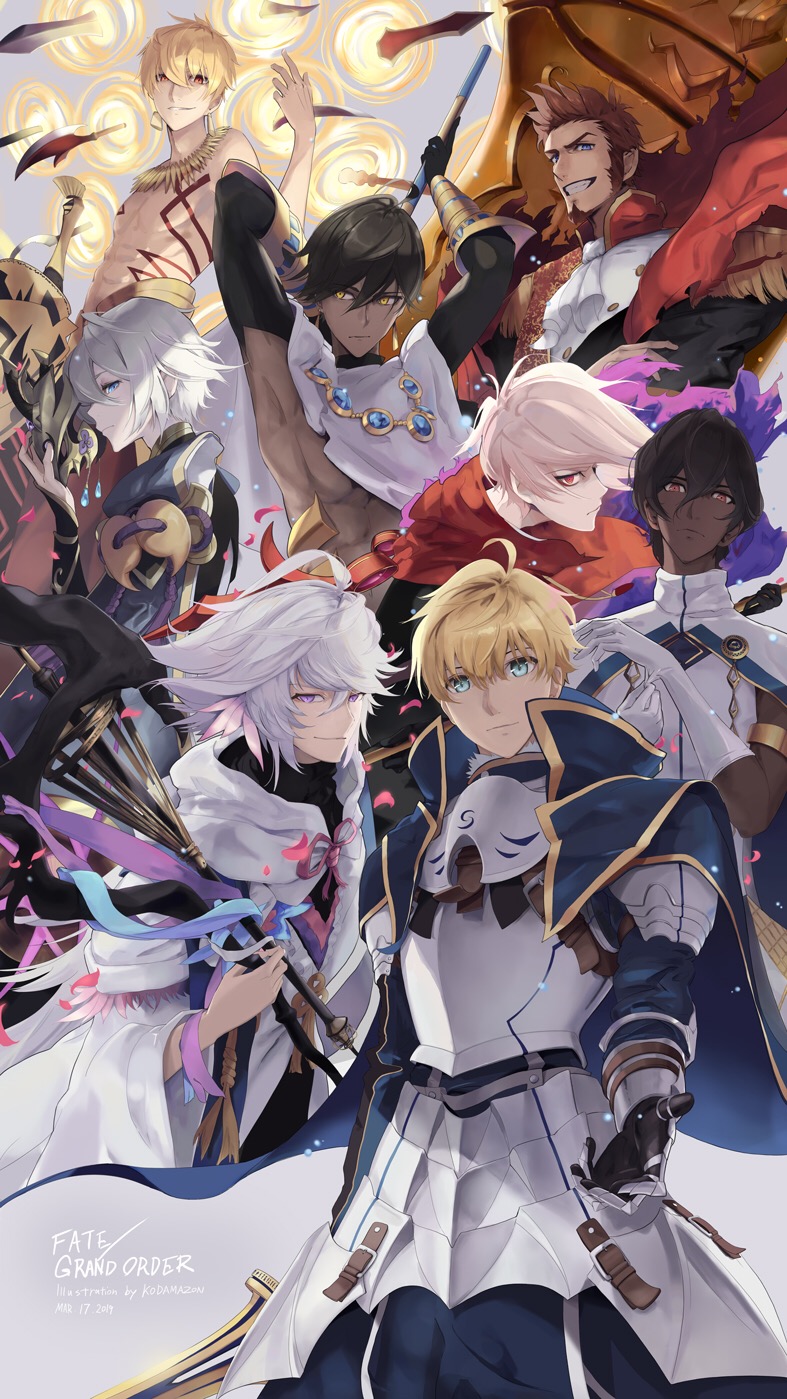 6+boys ahoge arjuna_(fate/grand_order) armor arthur_pendragon_(fate) bare_chest black_hair blonde_hair blue_eyes cape cloak collar epaulettes fate/grand_order fate_(series) faulds gao_changgong_(fate) gauntlets gilgamesh gloves grey_hair grin highres karna_(fate) kodamazon male_focus mask merlin_(fate) military military_uniform multiple_boys napoleon_bonaparte_(fate/grand_order) ozymandias_(fate) red_eyes smile uniform violet_eyes white_gloves yellow_eyes