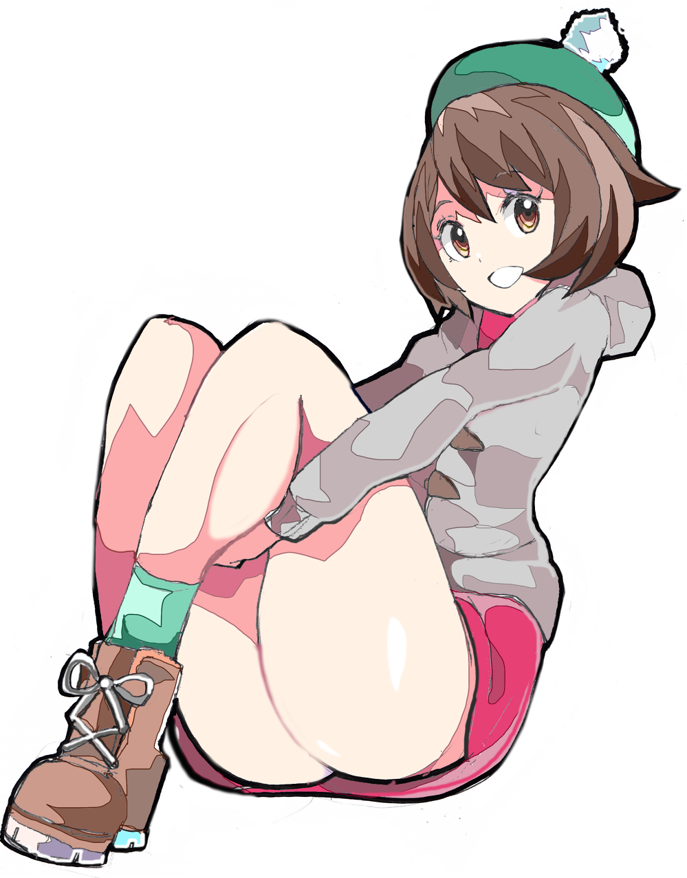 1girl bangs bobblehat boots brown_eyes brown_footwear brown_hair cardigan creatures_(company) enpe eyebrows_visible_through_hair female_protagonist_(pokemon_swsh) game_freak green_hat green_legwear grey_cardigan hair_between_eyes hat highres leg_hug long_sleeves looking_at_viewer miniskirt nintendo pink_skirt pokemon pokemon_(game) pokemon_swsh pom_pom_(clothes) short_hair simple_background sitting skirt smile socks solo tam_o'_shanter thighs white_background