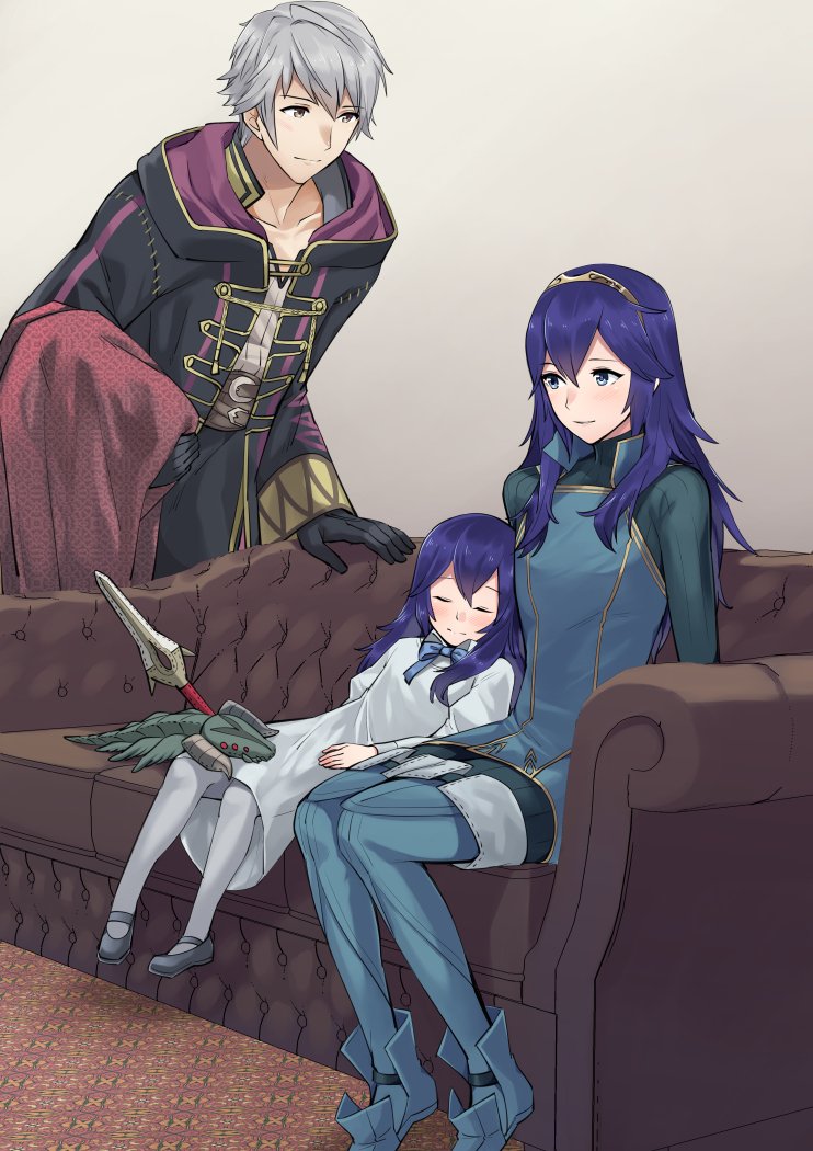 1boy 2girls a_meno0 black_footwear black_gloves black_panties blue_bow blue_eyes blue_footwear blue_hair blue_neckwear boots bow bowtie brown_eyes brown_hairband collarbone couch dress fire_emblem fire_emblem:_kakusei gloves grey_background hair_between_eyes hairband leaning_forward long_hair long_sleeves lucina mary_janes multiple_girls my_unit_(fire_emblem:_kakusei) nintendo panties parent_and_child shoes silver_hair sitting sleeping smile standing thigh-highs thigh_boots underwear white_dress white_legwear