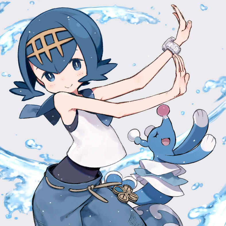 1girl :&gt; baggy_pants bare_shoulders blue_eyes blue_hair blue_pants blue_sailor_collar closed_eyes creatures_(company) fang game_freak gen_7_pokemon hair_between_eyes hairband kuroboshi_kouhaku nintendo open_mouth pants pokemon pokemon_(game) pokemon_sm popplio sailor_collar shirt sleeveless sleeveless_shirt suiren_(pokemon) swimsuit swimsuit_under_clothes water yellow_hairband