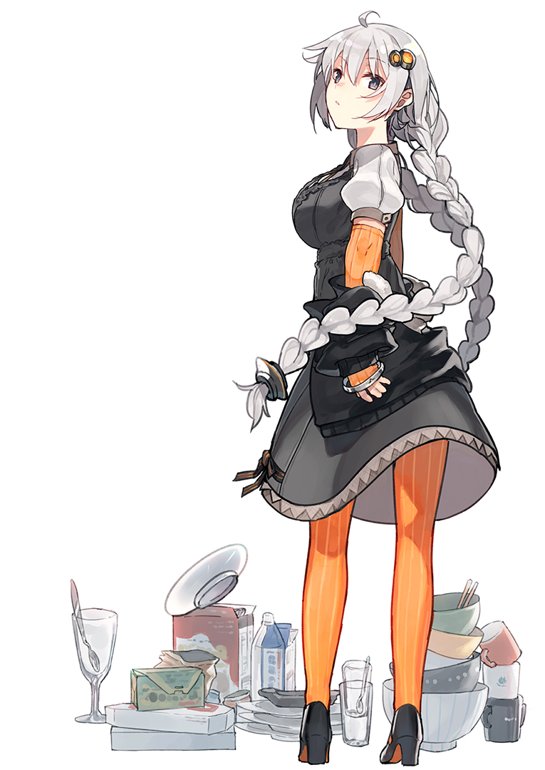 1girl ahoge black_footwear blue_eyes braid breasts cup eyebrows_visible_through_hair from_behind hair_between_eyes hair_ornament high_heels hitogome kizuna_akari large_breasts long_hair looking_at_viewer orange_legwear pantyhose plate shaft_look silver_hair simple_background solo striped striped_legwear twin_braids vertical_stripes very_long_hair voiceroid white_background