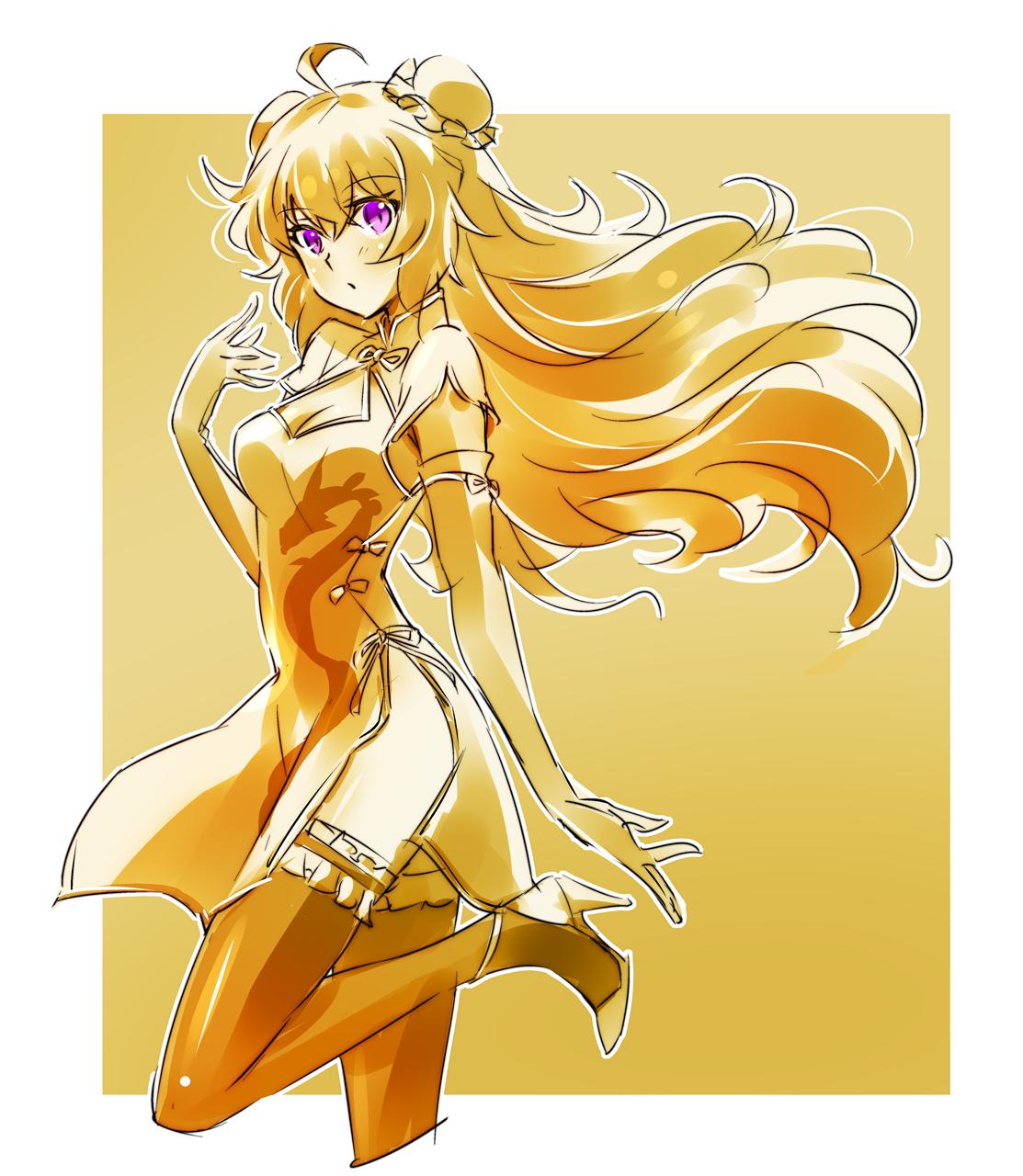 1girl ahoge blonde_hair breasts china_dress chinese_clothes cleavage_cutout dragon_print dress elbow_gloves gloves hair_bun high_heels highres iesupa limited_palette long_hair pelvic_curtain rwby single_garter solo thigh-highs violet_eyes wavy_hair yang_xiao_long