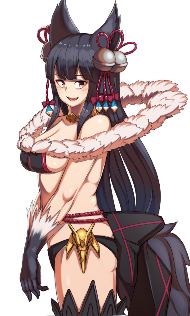 1girl animal_ears backless_outfit bangs bell black_gloves blunt_bangs breasts commentary_request erune fang fox_ears fox_tail fur fur_trim gloves granblue_fantasy hair_bell hair_ornament jingle_bell large_breasts long_hair looking_at_viewer michihasu red_eyes sideboob smile tail thigh-highs yuel_(granblue_fantasy)