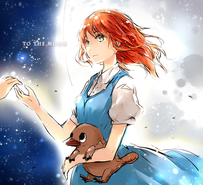 1girl arukas blue_dress copyright_name dress full_moon green_eyes hands holding holding_stuffed_animal medium_hair moon night night_sky redhead river_wyles short_sleeves sky smile solo_focus standing star_(sky) starry_sky stuffed_animal stuffed_toy to_the_moon