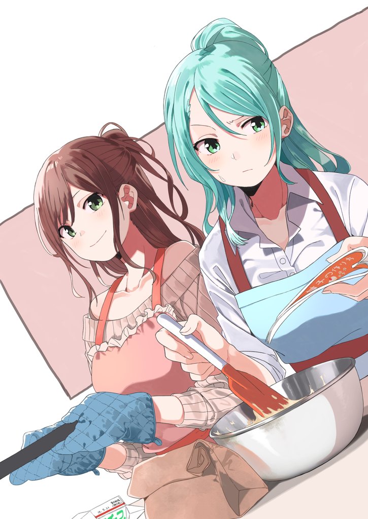 2girls amu_(258shin) apron aqua_hair bag bang_dream! bare_shoulders blue_mittens book bowl brown_hair commentary cookbook green_eyes hair_between_eyes hikawa_sayo holding holding_book holding_pan imai_lisa long_hair long_sleeves looking_at_viewer looking_to_the_side mittens multiple_girls off-shoulder_sweater off_shoulder paper_bag ribbed_sweater shirt sleeves_rolled_up smile sweater white_shirt