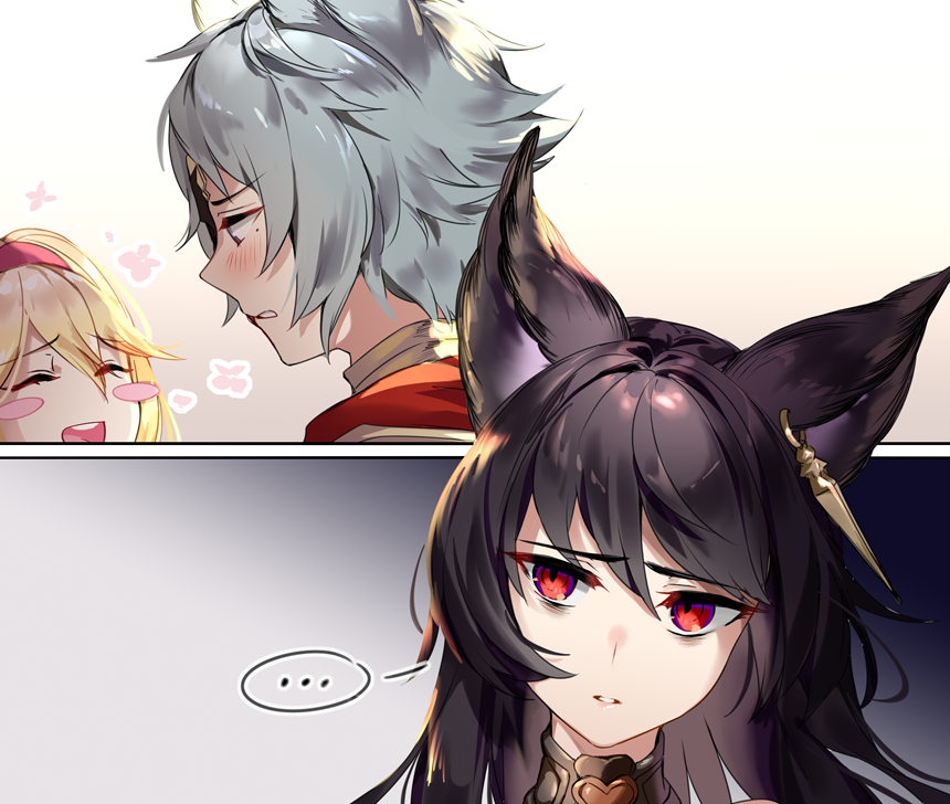 ... 2girls aki663 animal_ears black_hair blonde_hair blush closed_eyes comic djeeta_(granblue_fantasy) earrings erun_(granblue_fantasy) eyebrows_visible_through_hair flower granblue_fantasy grey_hair hair_between_eyes hairband jewelry multiple_girls niia red_eyes six_(granblue_fantasy)