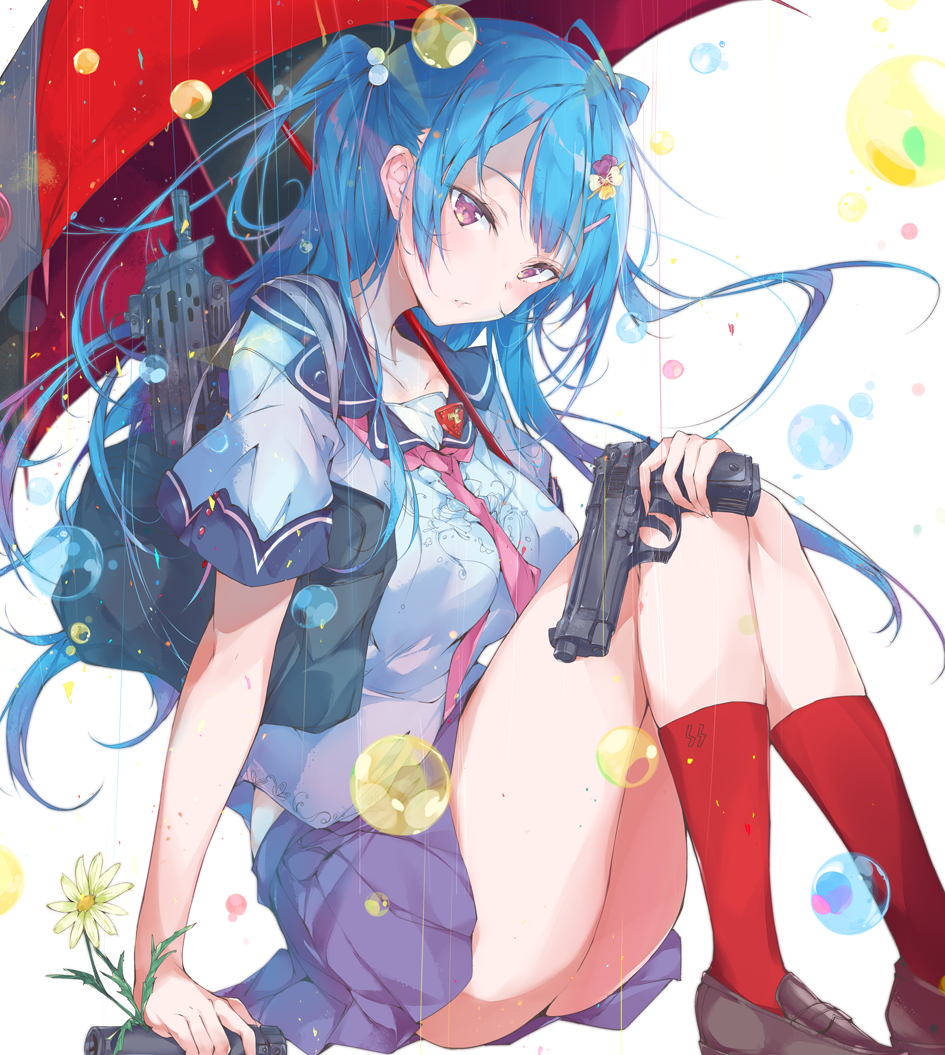 1girl arm_support bag blouse blue_hair blue_skirt bow bubble carrying closed_mouth clover_hair_ornament commentary_request daisy eyebrows_visible_through_hair flower four-leaf_clover_hair_ornament from_side gun hair_bow hair_ornament hairclip handgun head_tilt holding holding_gun holding_umbrella holding_weapon legs light_frown lips long_hair looking_at_viewer miniskirt neckerchief original pink_neckwear pleated_skirt pulp_piroshi rain red_theme school_bag school_uniform serafuku short_sleeves sitting skindentation skirt socks solo submachine_gun two_side_up umbrella violet_eyes weapon weapon_request white_blouse