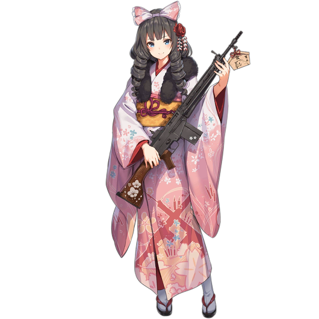1girl alternate_costume artist_request battle_rifle blue_eyes bow brown_hair bullet_print cherry_blossom_print closed_mouth drill_hair drill_locks ema floral_print flower frilled_bow frills full_body fur_scarf girls_frontline gun hair_bow hair_flower hair_ornament holding holding_gun holding_weapon howa_type_64 howa_type_64_(girls_frontline) japanese_clothes kanzashi kimono long_hair looking_at_viewer obi official_art pink_bow pink_kimono rifle rose sandals sash smile solo tabi transparent_background weapon
