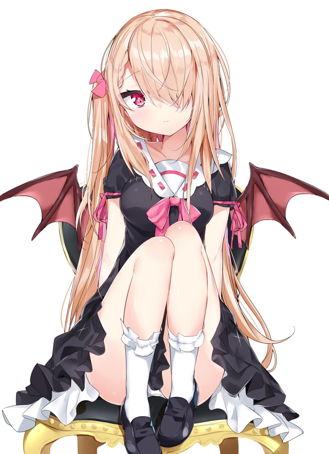 1girl bangs bat_wings black_dress black_footwear blush bow breasts brown_wings chair closed_mouth commentary dress eyebrows_visible_through_hair hair_over_one_eye head_tilt highres kamioka_shun'ya knees_up light_brown_hair loafers long_hair medium_breasts on_chair one_side_up original panties pink_bow ribbon-trimmed_dress ribbon_trim shoes short_sleeves simple_background sitting socks solo symbol_commentary underwear very_long_hair white_background white_legwear white_panties wings