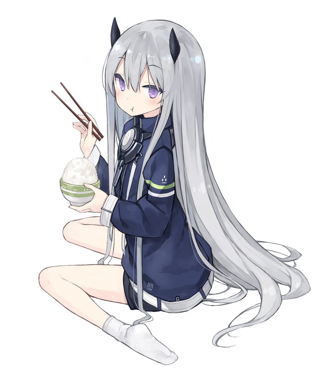 1girl :t bangs blush bowl chopsticks commentary_request eating eyebrows_visible_through_hair food from_side hair_between_eyes highres holding holding_chopsticks holding_food horns jacket long_hair long_sleeves looking_at_viewer looking_to_the_side no_shoes original poco_(asahi_age) rice rice_bowl silver_hair simple_background sitting socks solo very_long_hair violet_eyes wariza white_background white_legwear