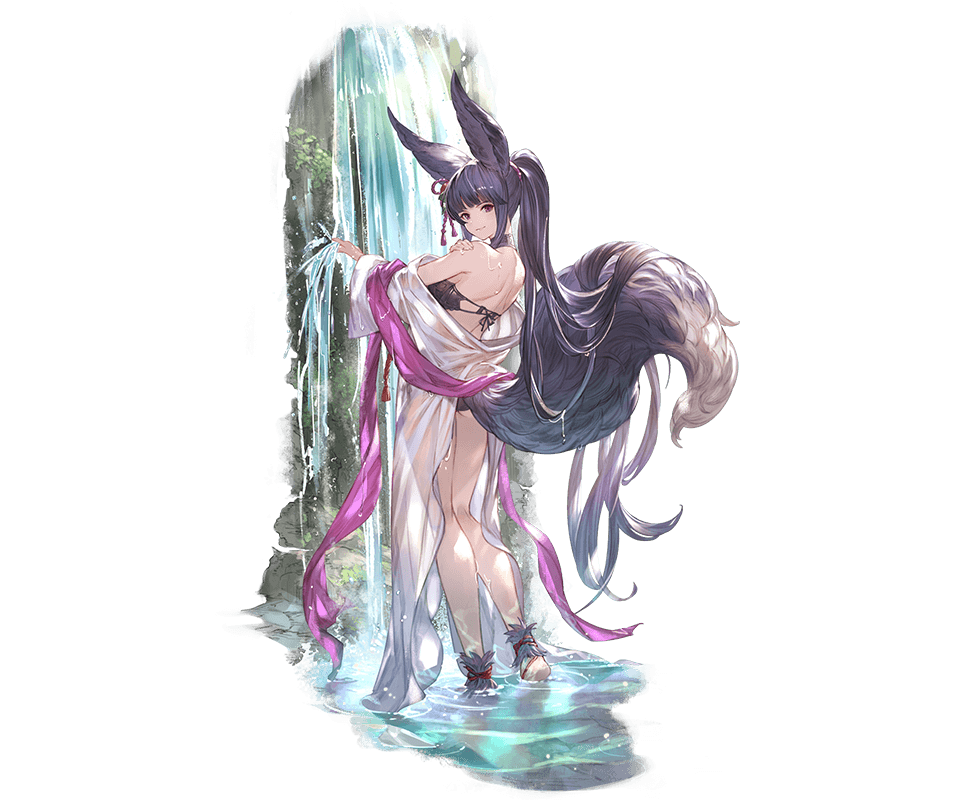 animal_ears ass bangs bikini black_bikini black_hair blunt_bangs closed_mouth day erune fox_ears fox_tail full_body fur_trim granblue_fantasy long_hair looking_at_viewer looking_back minaba_hideo open_clothes open_robe outdoors ponytail red_eyes robe see-through smile standing swimsuit tail very_long_hair water waterfall wet wet_clothes white_robe yuel_(granblue_fantasy)