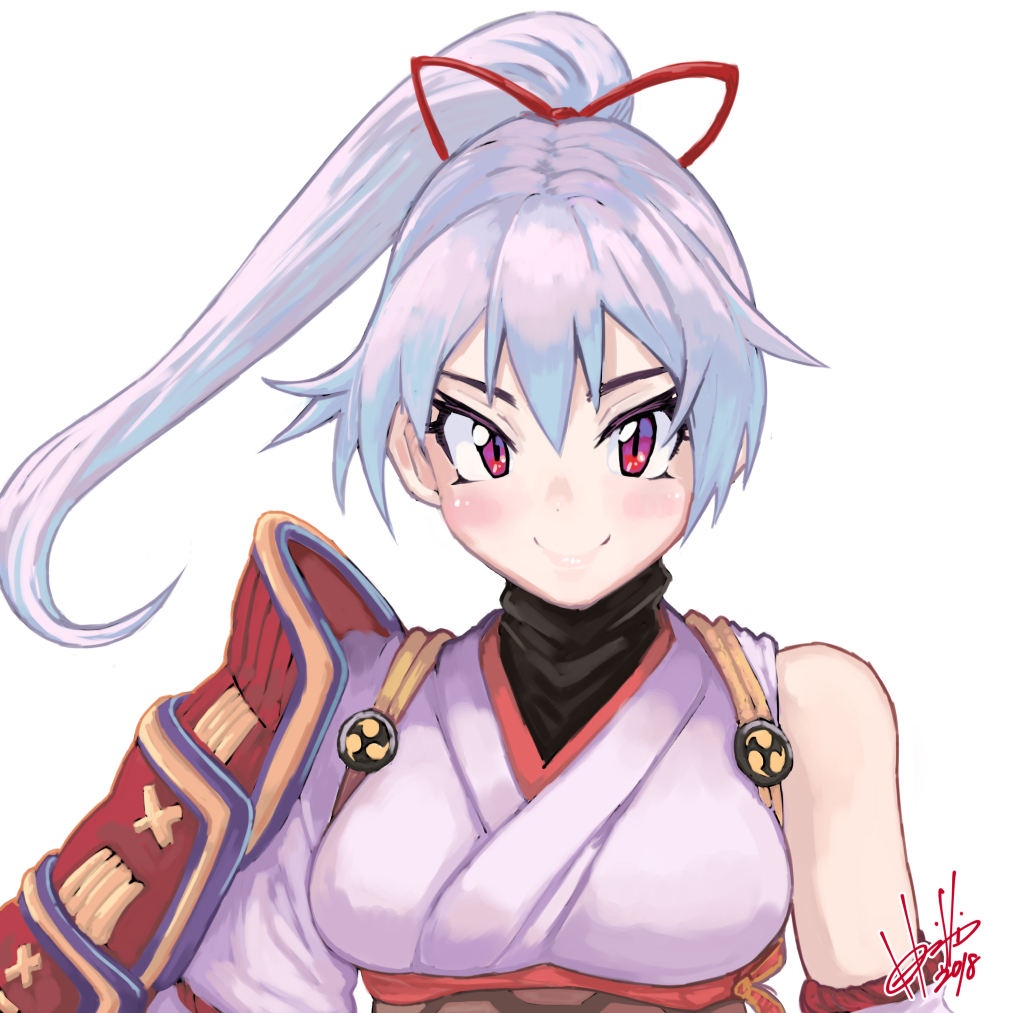 1girl 2018 armor bangs braid breasts closed_mouth fate/grand_order fate_(series) hair_ribbon hori_shin japanese_armor japanese_clothes looking_at_viewer medium_breasts ponytail red_eyes red_ribbon ribbon signature silver_hair simple_background single_braid solo tomoe_(symbol) tomoe_gozen_(fate/grand_order) upper_body white_background
