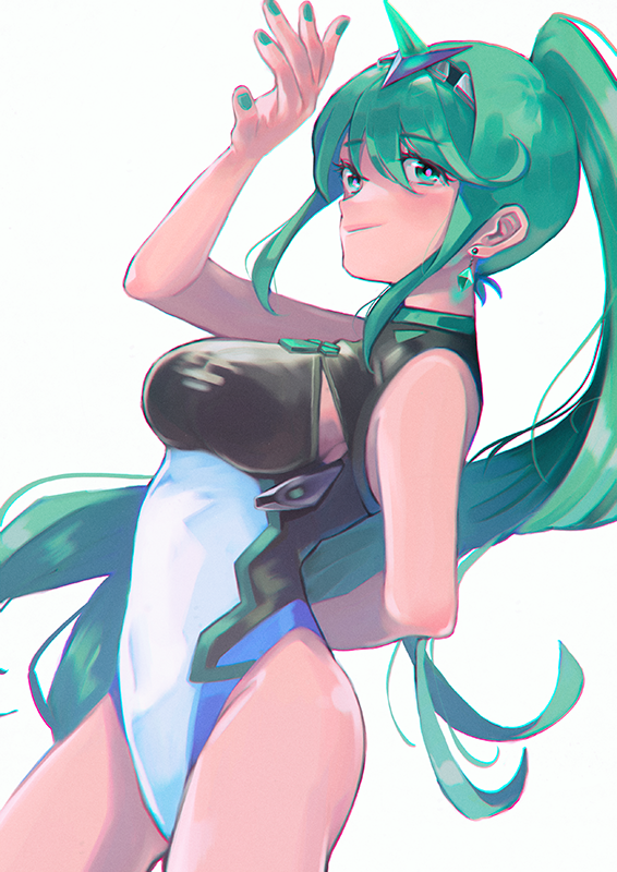 1girl aqua_eyes aqua_hair aqua_nails arm_behind_back arm_up bangs breasts chromatic_aberration closed_mouth covered_navel cowboy_shot earrings fingernails hair_between_eyes high_ponytail jewelry long_hair medium_breasts nail_polish nintendo one-piece_swimsuit pink_pupils pneuma_(xenoblade) ponytail shioaji_(siolog) simple_background smile solo spoilers swimsuit thighs tiara very_long_hair white_background xenoblade_(series) xenoblade_2