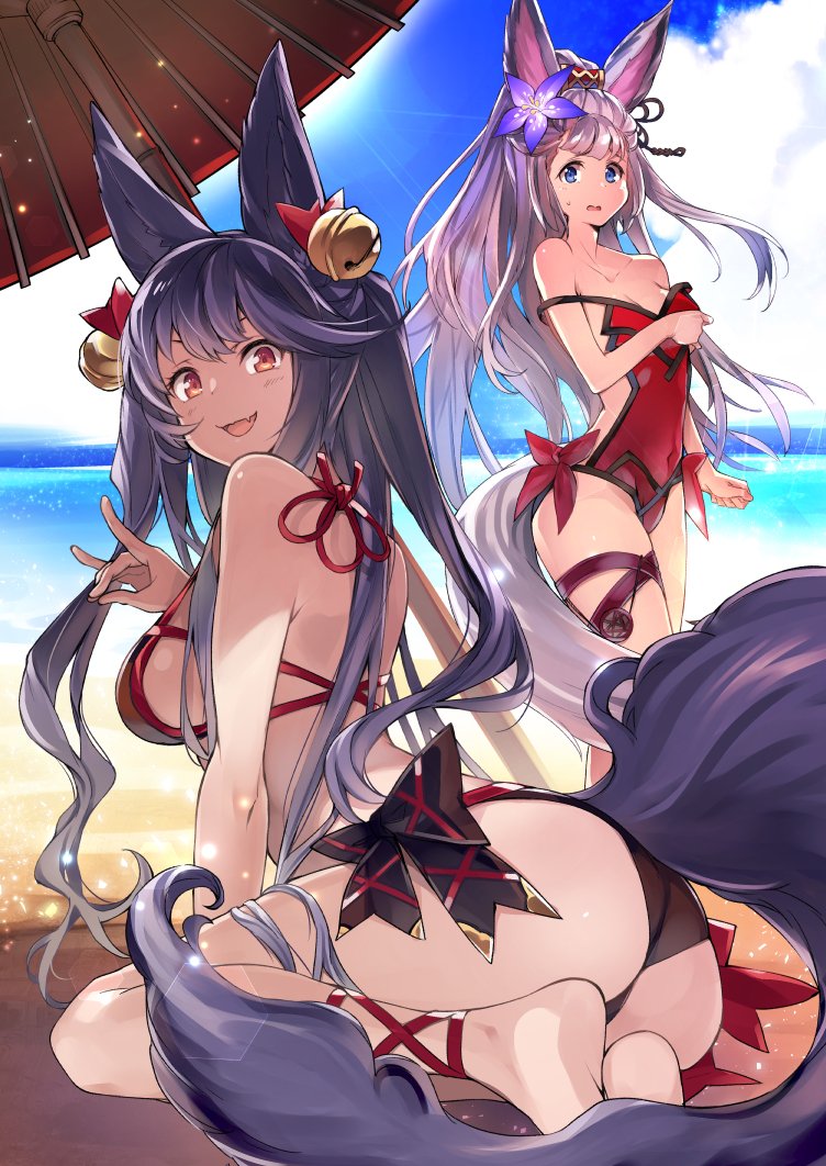 2girls :d adapted_costume alternate_costume animal_ears arm_at_side bare_shoulders barefoot beach bikini black_bikini blue_eyes blue_hair blue_sky breasts covered_navel day erune fang flower fox_shadow_puppet granblue_fantasy hair_flower hair_ornament hair_ribbon halterneck horizon leaning_forward long_hair looking_at_viewer medium_breasts multiple_girls one-piece_swimsuit open_mouth oriental_umbrella outdoors red_eyes red_swimsuit ribbon sideboob sidelocks sitting sky smile socie_(granblue_fantasy) super_zombie sweatdrop swimsuit tail thigh_strap twintails umbrella very_long_hair yuel_(granblue_fantasy)