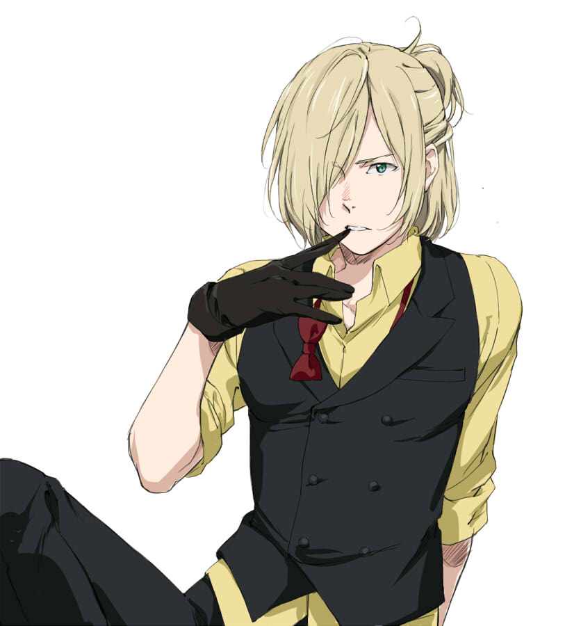 1boy biting black_gloves blonde_hair bow bowtie collared_shirt glove_biting gloves green_eyes hair_over_one_eye half_updo male_focus rinda shirt sitting waistcoat yuri!!!_on_ice yuri_plisetsky