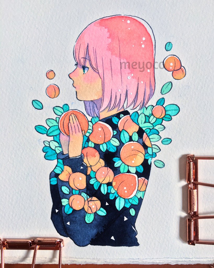 1girl aqua_hair artist_name bangs cropped_torso eyebrows_visible_through_hair food fruit holding holding_food holding_fruit leaf long_sleeves meyoco original peach photo pink_hair profile short_hair simple_background solo traditional_media upper_body white_background