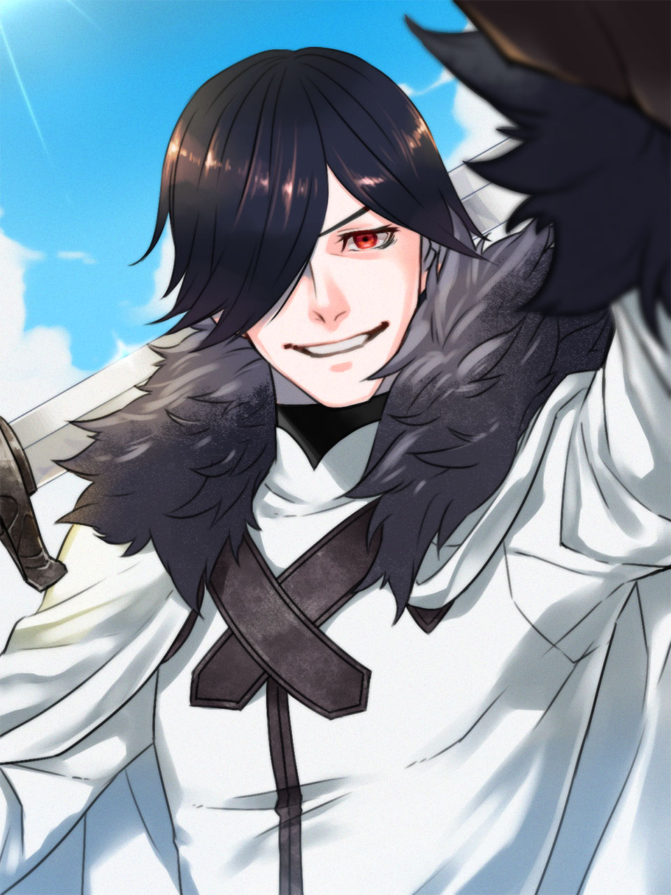 1boy black_hair blue_sky cape fur_trim hair_over_one_eye hand_up highres itto_(m2f_slide) long_sleeves male_focus oscar_the_frozen_sea_admiral outdoors over_shoulder pixiv_fantasia_last_saga red_eyes sky smile solo standing sword upper_body weapon