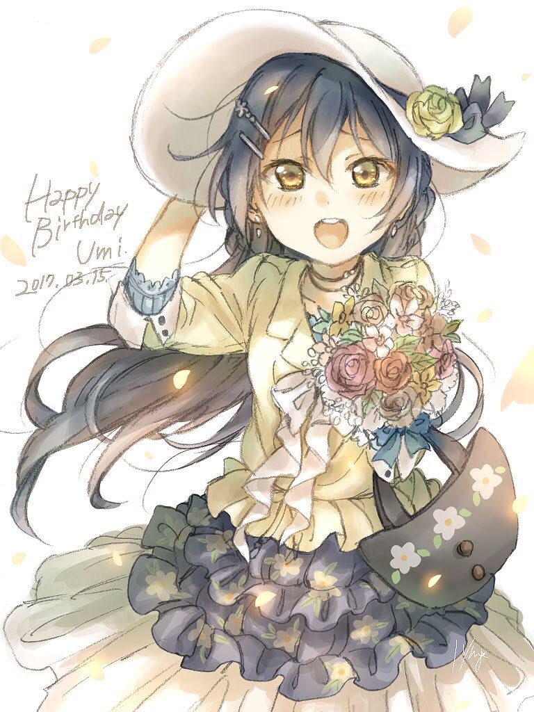 1girl :d bag bangs blue_hair bouquet bow brown_eyes character_name dated earrings floral_print flower frilled_skirt frills hair_ornament hairpin hand_on_headwear handbag happy_birthday haru_hina hat hat_bow hat_flower holding holding_bouquet jacket jewelry layered_skirt long_hair looking_at_viewer love_live! love_live!_school_idol_festival love_live!_school_idol_project necklace open_mouth petals signature skirt smile solo sonoda_umi sun_hat white_bow